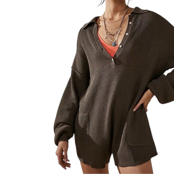 Free People Pants - Free People Picnic Sweater Black Knit Ribbed Linen Cotton Blend Romper
